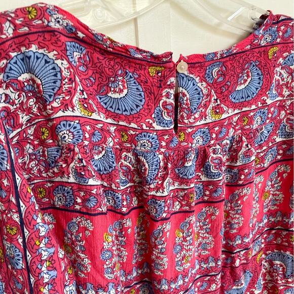 LOFT Petites Bright Coral Pink Blue floral Georgette Bohemian‎ Blouse - SP EUC - Picture 9 of 10
